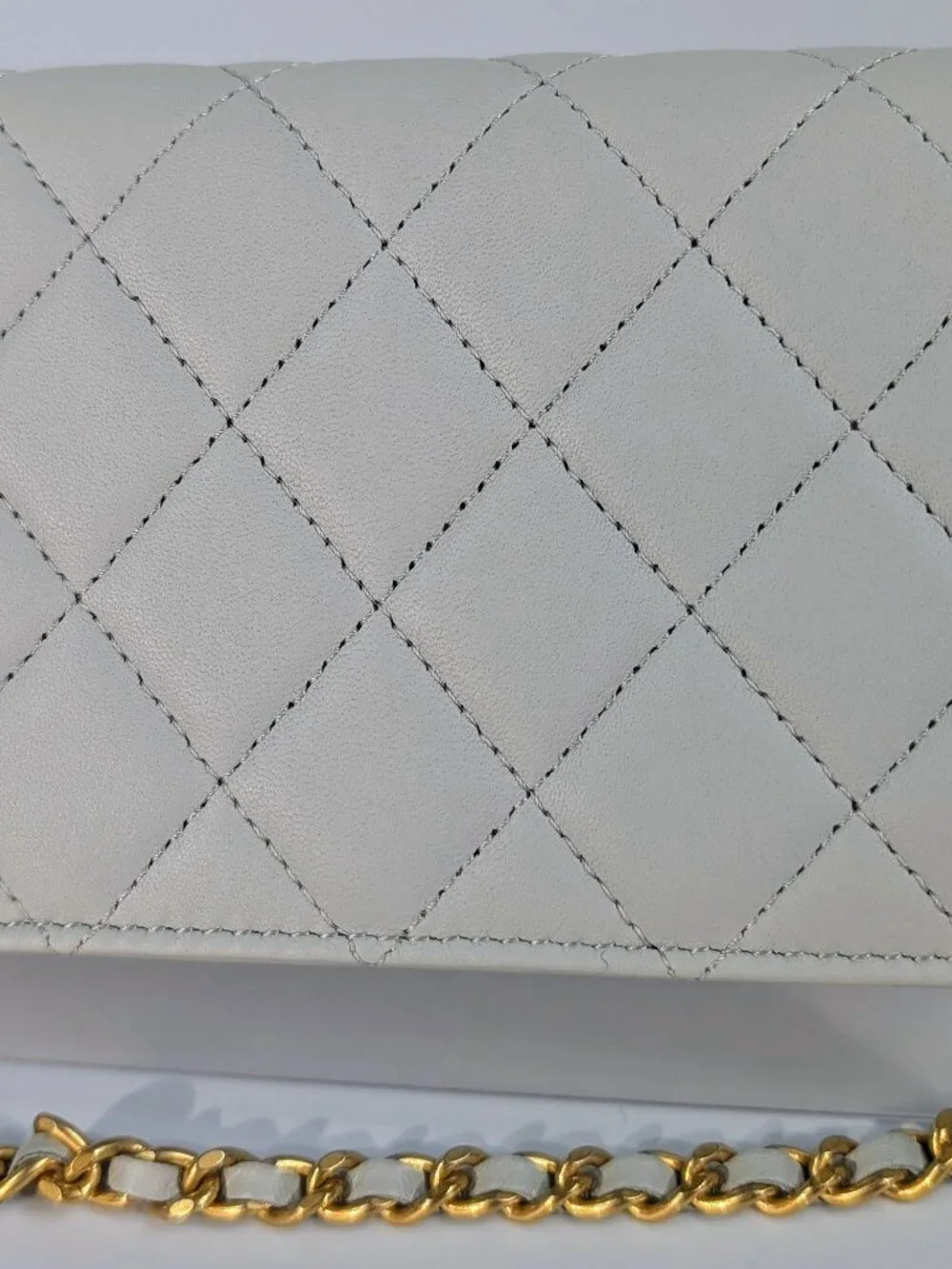 Chanel Light Grey Wallet on Chain (WOC) with Gold Charm